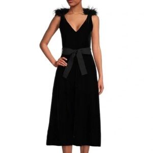 Sleeveless Black Midi Dress with Feather Trim and Waist Tie